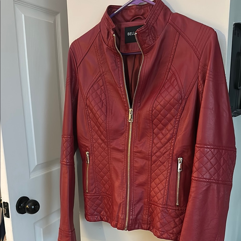 Bellivera Faux Leather motorcycle Zipper Bomber Jacket w/Zip Pockets -Red